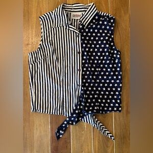 Vintage BILL BLASS sleeveless tie-front - Navy stars & stripes. Med.